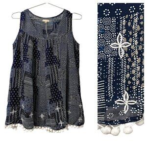 High Society Tank Top Size Small Navy White Embroidered Floral Chiffon A-Line